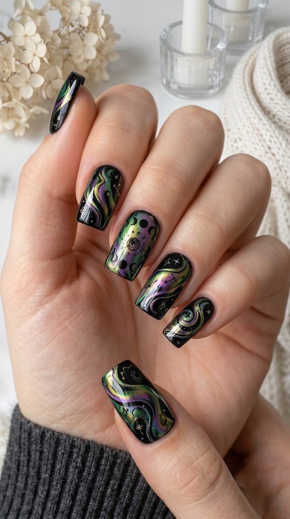 Black holographic short fall acrylic nails with astronomical symbols