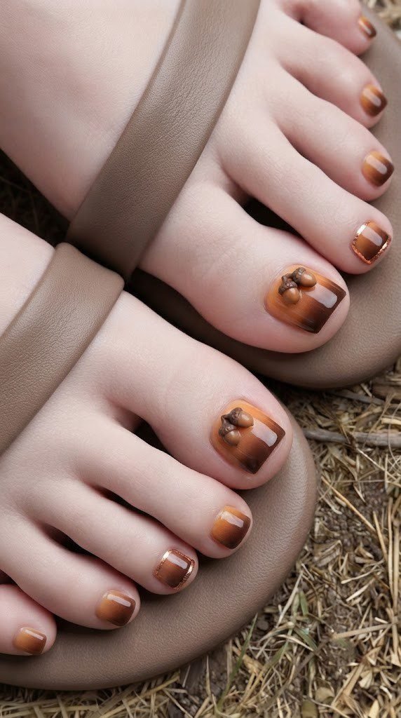 square toe nails ombre honey orange to mahogany brown acorn charms
