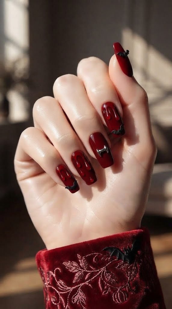 Glossy red nails with 3D blood drip detail and tiny gothic bat silhouettes