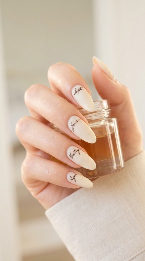 Matte ivory nails hide a tiny cursive script detail, quietly living up to elegant minimalist nails.