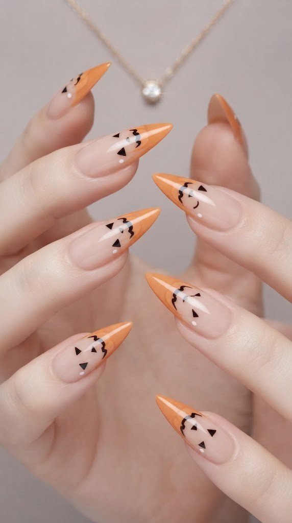 Pumpkin color-block tip stiletto with a winking jack-o'-lantern face
