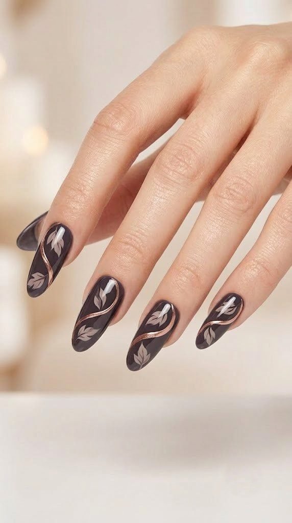 Charcoal plum october nails with taupe ash leaves and a rose gold chrome spiral