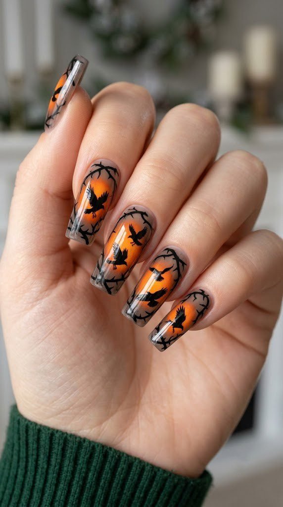 Atmospheric square Halloween nails with thorny branches and harvest moon