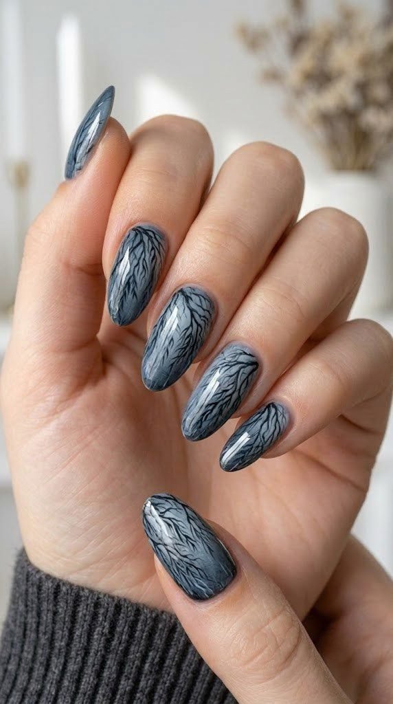 Midnight blue almond autumn nail designs with willow storm art