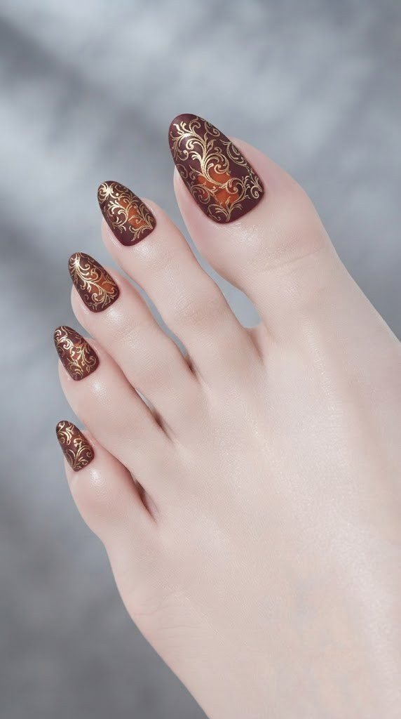 Baroque gold filigree fall toe nail art on a matte burgundy base