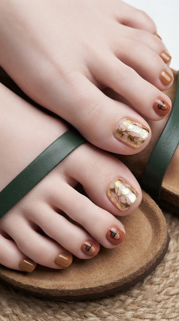 rich chocolate brown toe nails cracked gold foil acorn accent