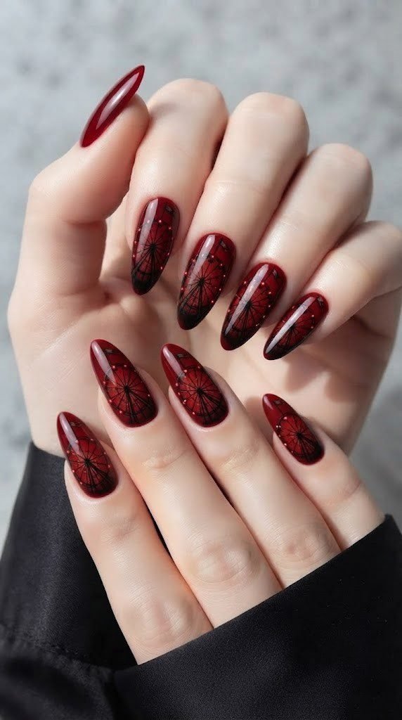 Deep red coffin nails illustrated with an eerie abandoned carnival Ferris wheel