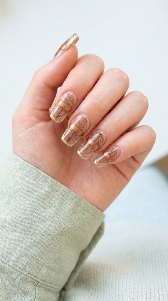 Milky-nude nails get a single brushed copper stroke, a subtle spin on neutral fall nails.