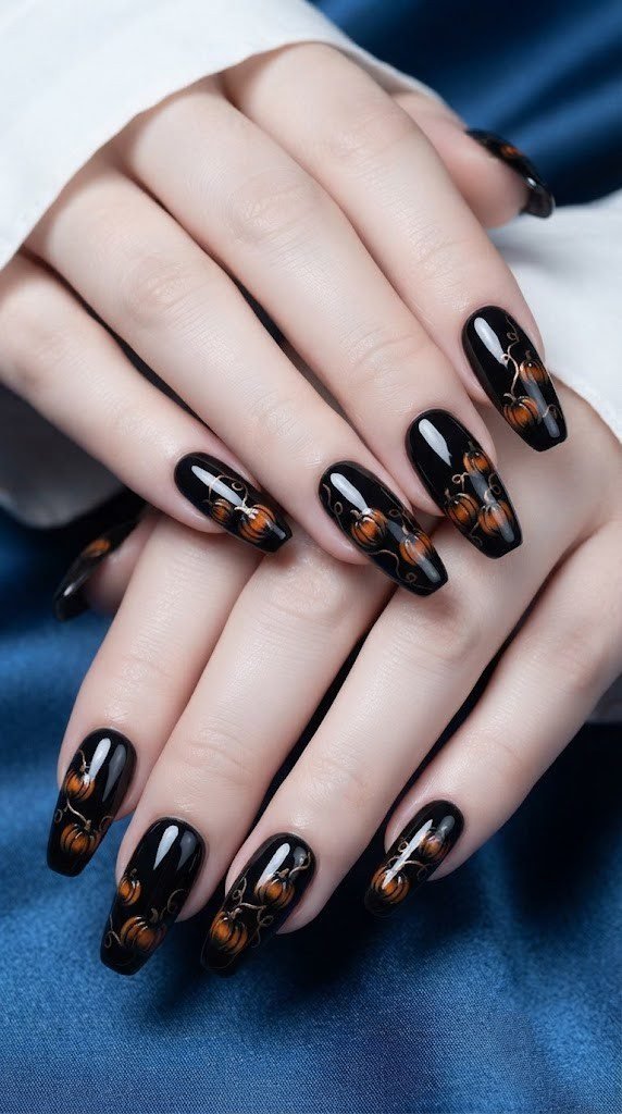Glossy black Halloween nails painted with a twilight pumpkin patch scene