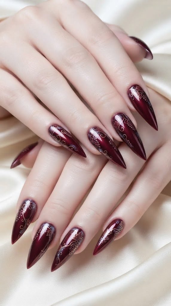 classy autumn nails in merlot chrome with hand-painted grapevine