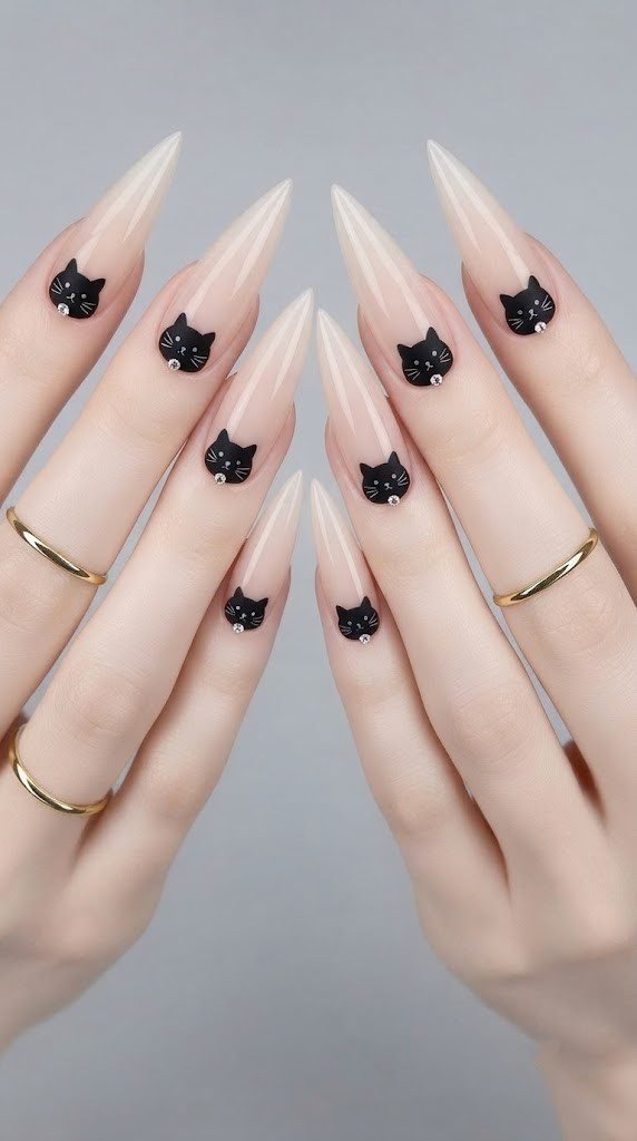 Nude stiletto cute Halloween nails with a matte black cat and crystal charm