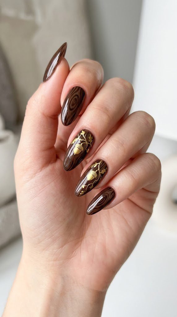 Espresso woodgrain nails with gilded acorns, a cozy September nail colors idea