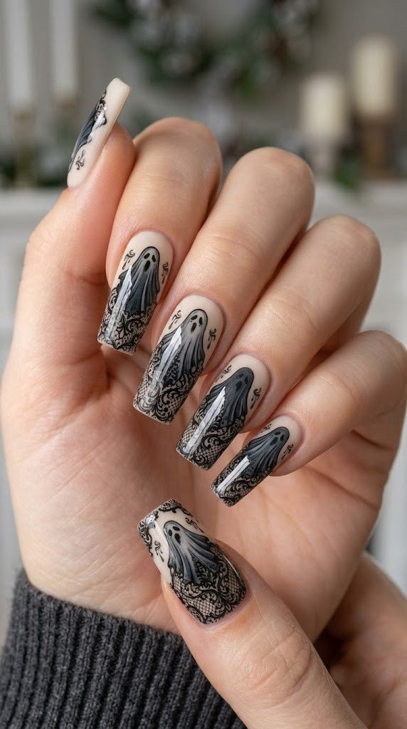 Elegant Halloween square nails with Victorian ghosts on cream porcelain