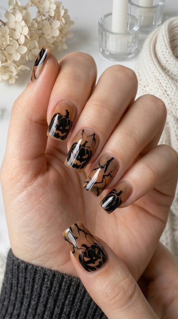 Amber square fall nail designs with shattered pumpkin cracks shown
