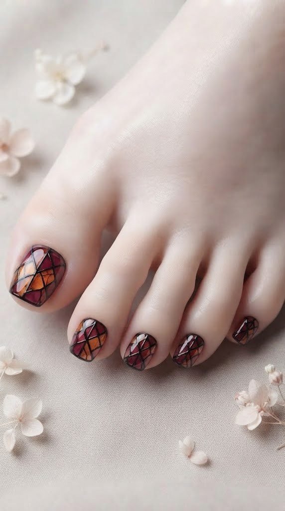 Stained glass toe nail design in burgundy and amber orange segments