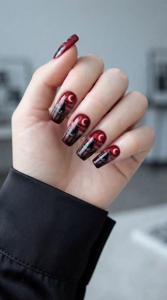 Crimson nail art with a black cat silhouette and glowing crescent moon