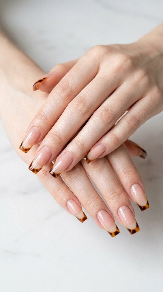 A glossy pink base meets a tiny tortoiseshell crescent tip, one of the classy September nail designs picks.
