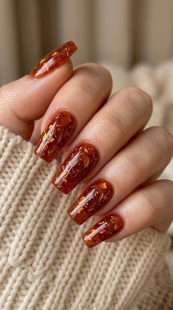 Spiced cider nails with amber glass shards, glowing September nail colors