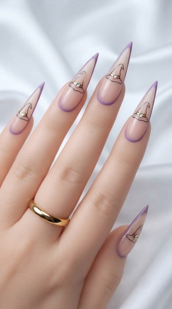 Purple tipped stiletto nails styled as purple Halloween nails with a gold buckle hat