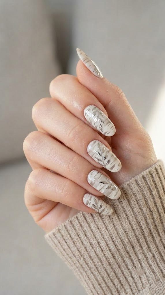October nails with ivory birch bark texture and platinum chrome leaf sprigs