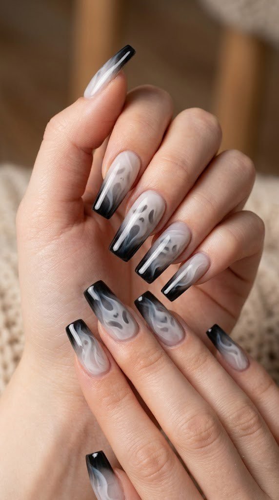 Ombre Halloween nails square design fading from white to midnight black