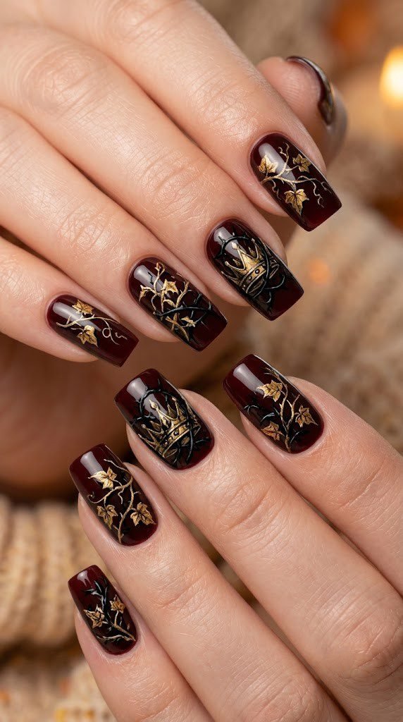 Oxblood fall square nails with a decaying crown and thorny brambles