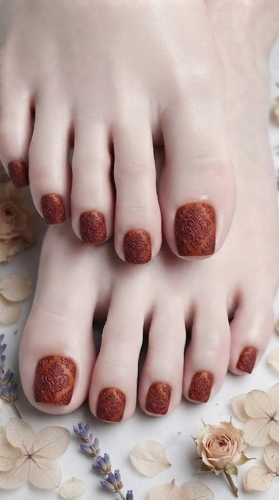 3D brocade damask toe nail art in burnt orange and burgundy