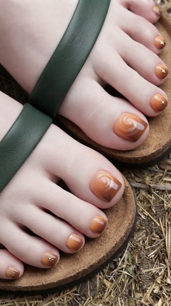 peachy orange to umber brown ombre toe nails copper chrome swirl