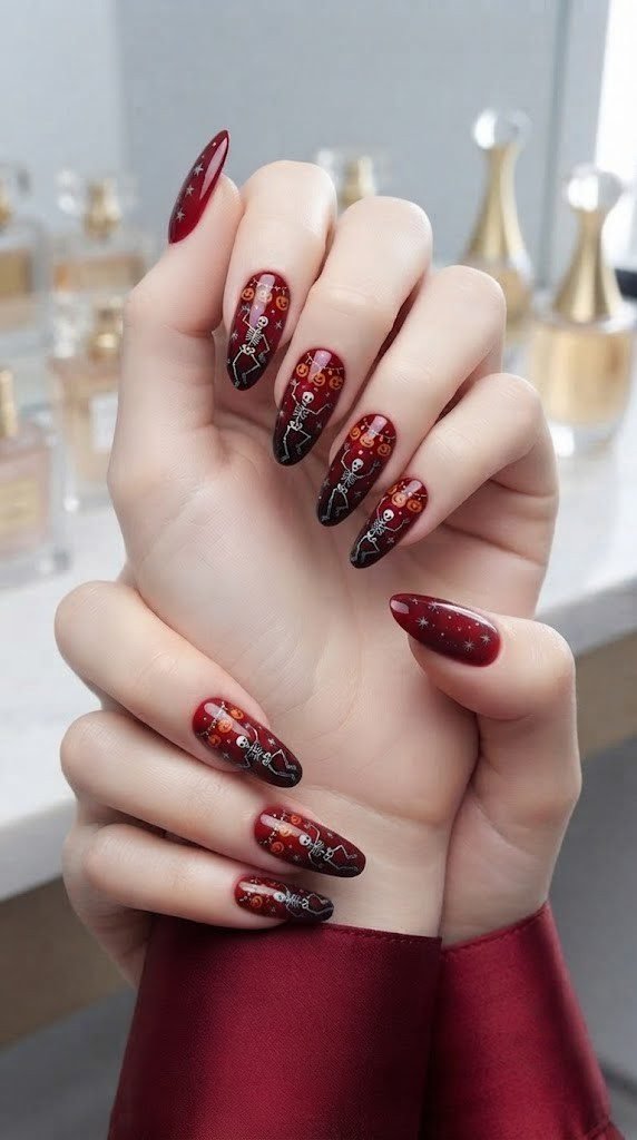 Halloween nail art featuring a dancing skeleton beneath glowing jack-o-lantern lanterns