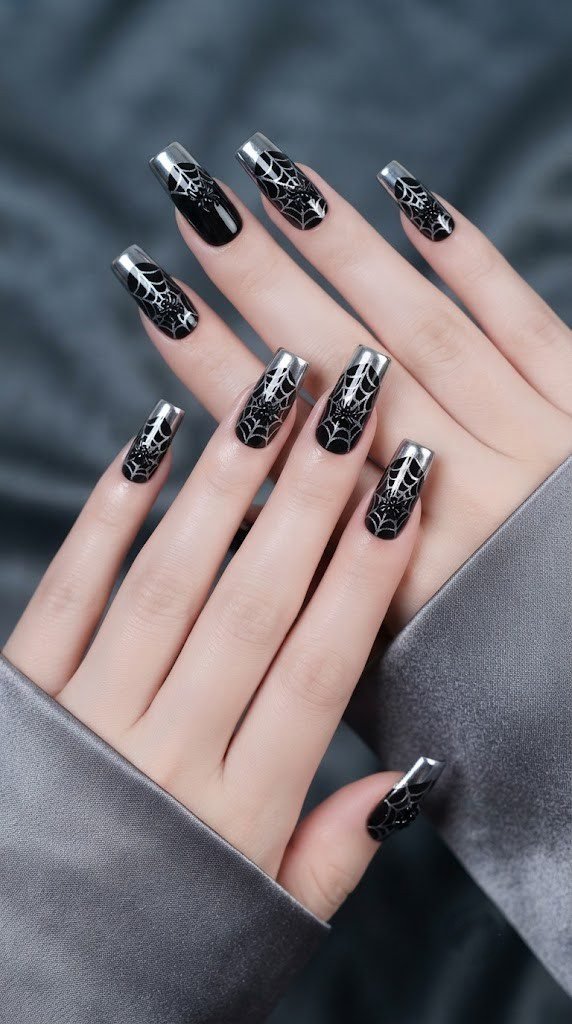 Black nails with a fine silver spiderweb and chrome French tip finish