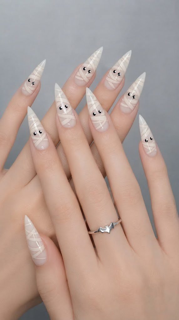 Ivory stiletto nail design wrapped in cream bandage strips with peeking eyes
