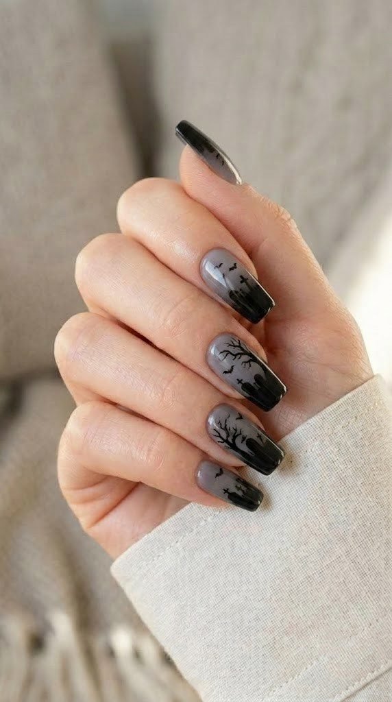 Spooky nails with tombstone and bat silhouettes on gray gradient