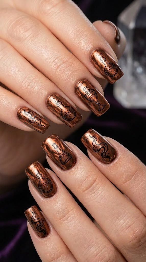 Copper short fall acrylic nails with mystical potion bottle artwork