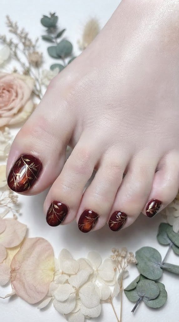 Maki-e gold branch toe nail art over a glassy burgundy lacquer base