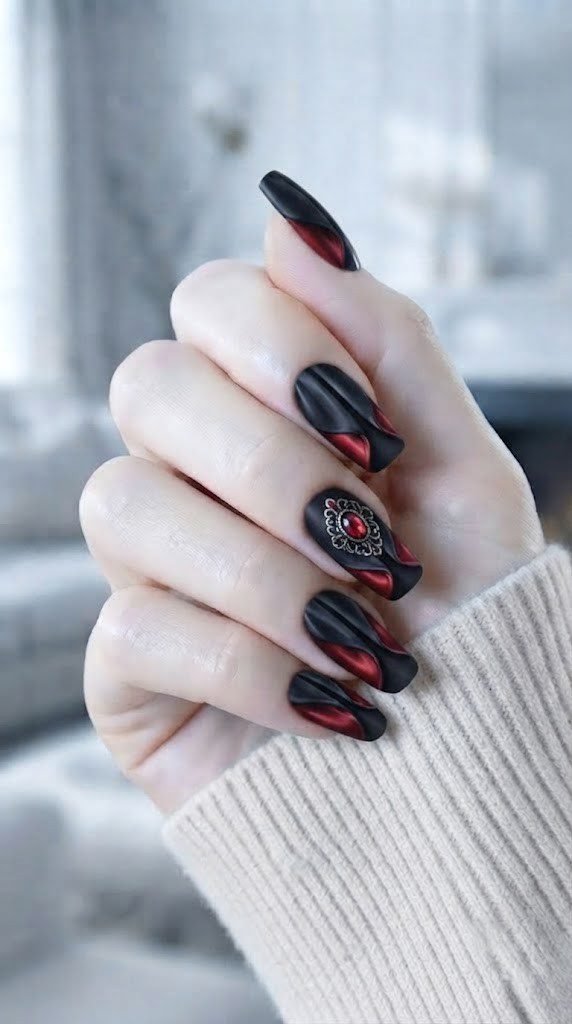 vampire nails aesthetic shaped like a dramatic popped satin collar