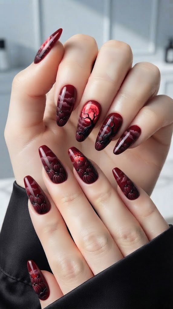 Red Halloween nails styled with a moody burgundy pumpkin patch scene