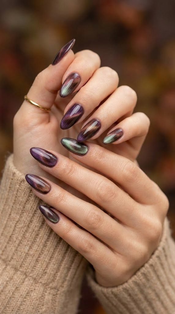 Smoked plum and mahogany nails with an aurora effect, cozy September nail colors