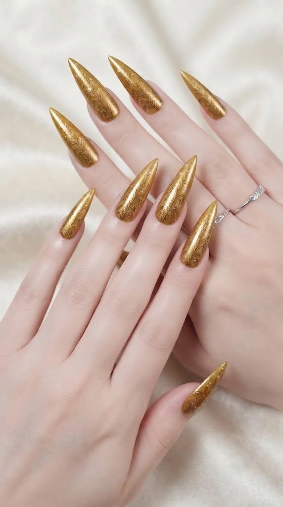 classy autumn nails in golden mustard chrome with corn stalk detail