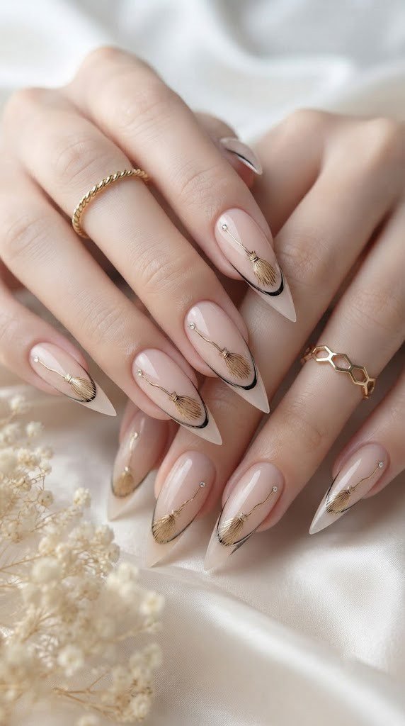 Metallic black French tip stiletto with a fine gold broomstick charm