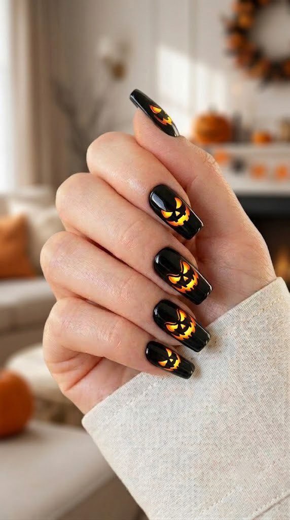 Halloween square nails with glowing orange carved pumpkin faces on black