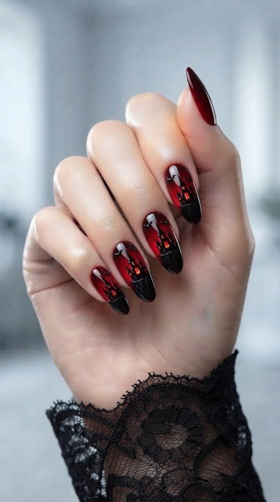 Deep red ombre nails illustrated with a gothic cliffside castle silhouette