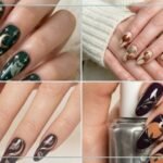 October nails collage with moody green, ginkgo, and chrome pumpkin designs