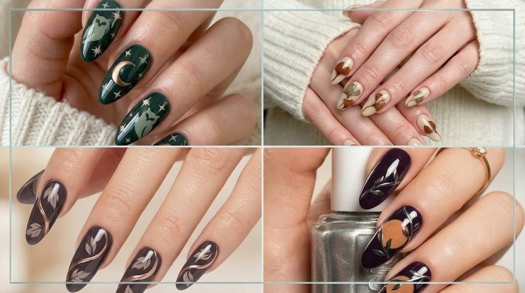October nails collage with moody green, ginkgo, and chrome pumpkin designs