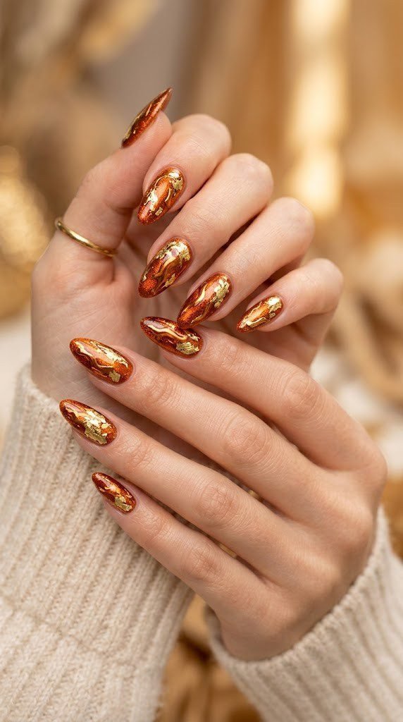 Burnt orange nails splashed with copper and gold foil, bold September nail colors
