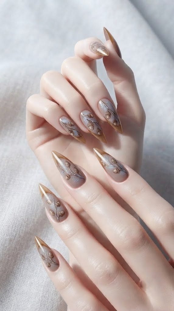 long stiletto nails in taupe mocha with gold acorn branch French tip