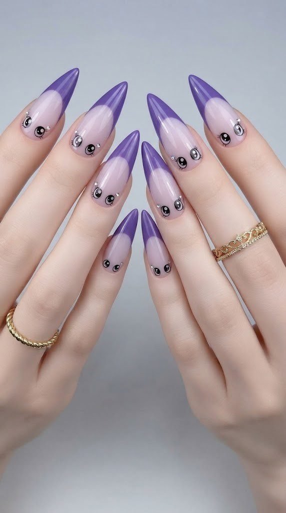 Lavender stiletto nail art with a violet tip and big cartoon monster eyes
