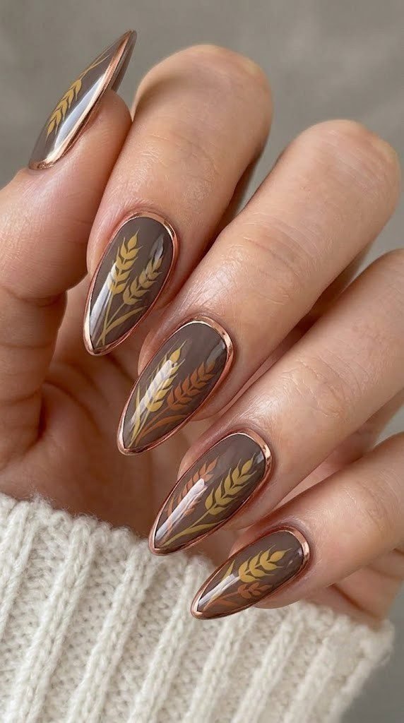 Smoky taupe fall nail colors with mustard wheat sheaves in rose gold chrome