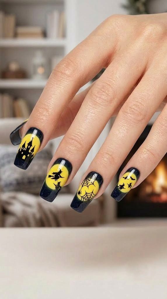 Square Halloween nail designs with haunted castle on glowing yellow moon