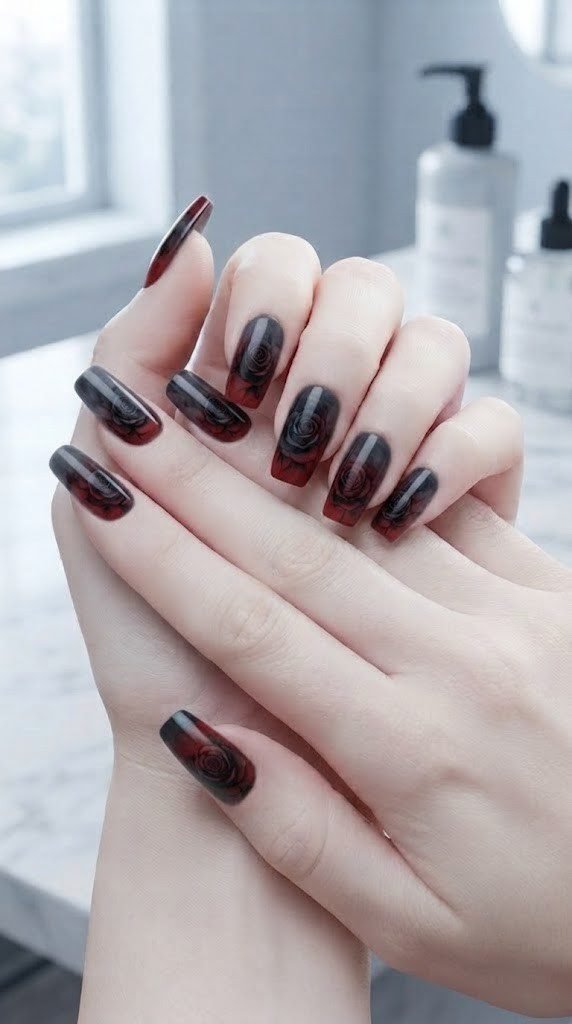 vampire nail designs with a black rose dissolving into smoke