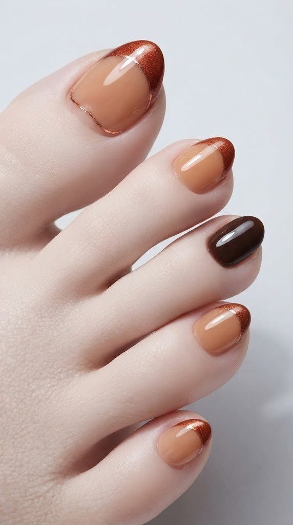 translucent amber nude toe nails shimmering burnt sienna French tip